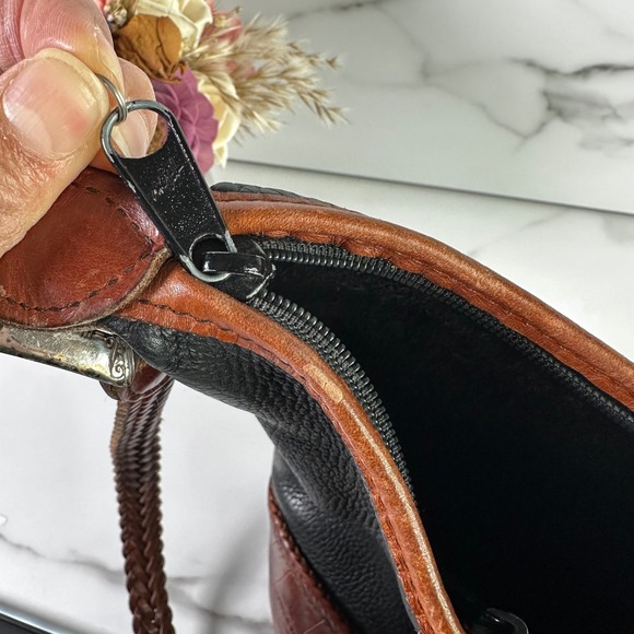 Brighton Black Leather Croc Trim Braided Strap Shoulder‎ Bucket Handbag Purse - Picture 7 of 13